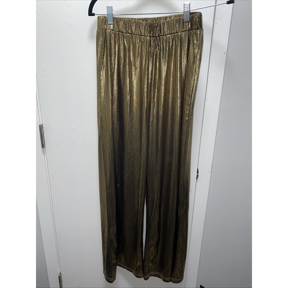 Ellison Metallic Gold Wide Leg Pleated Pants Women's M Palazzo Shimmer Glam